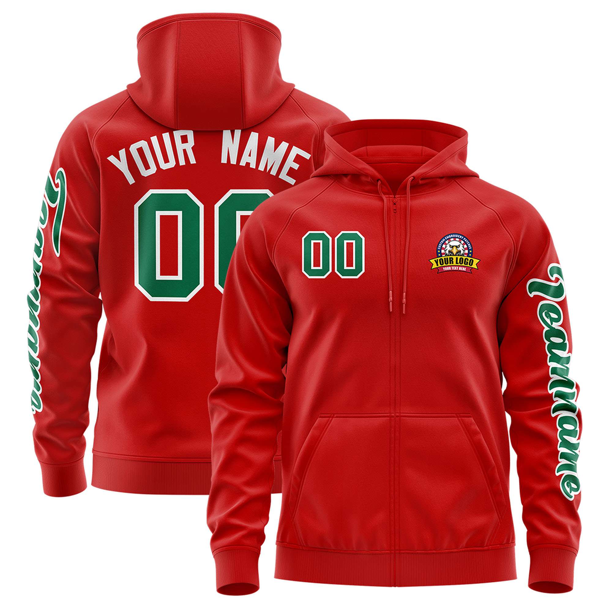 Custom Red Kelly Green Varsity Full-Zip Letterman Classic Hoodie Jacket