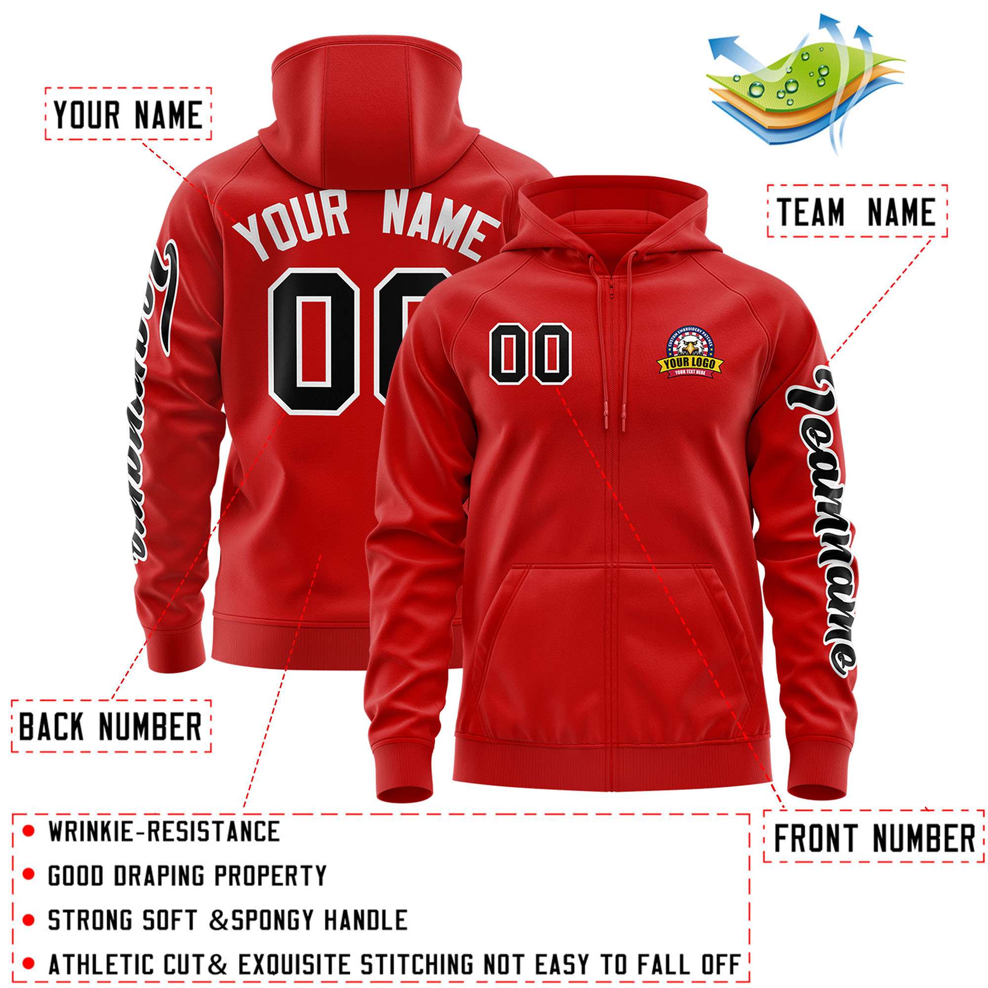 Custom Red Black Varsity Full-Zip Letterman Classic Hoodie Jacket