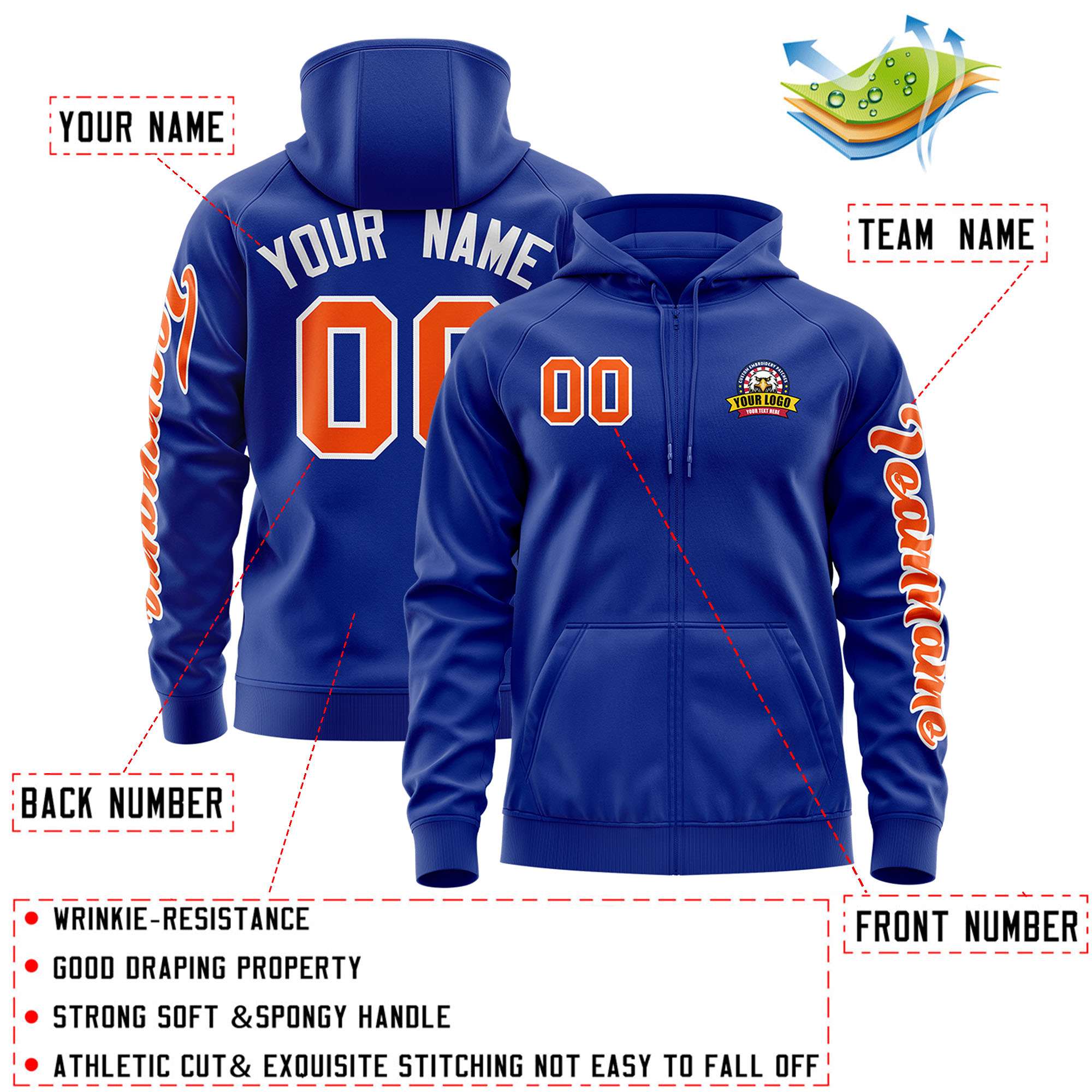 Custom Royal Orange Varsity Full-Zip Letterman Classic Hoodie Jacket