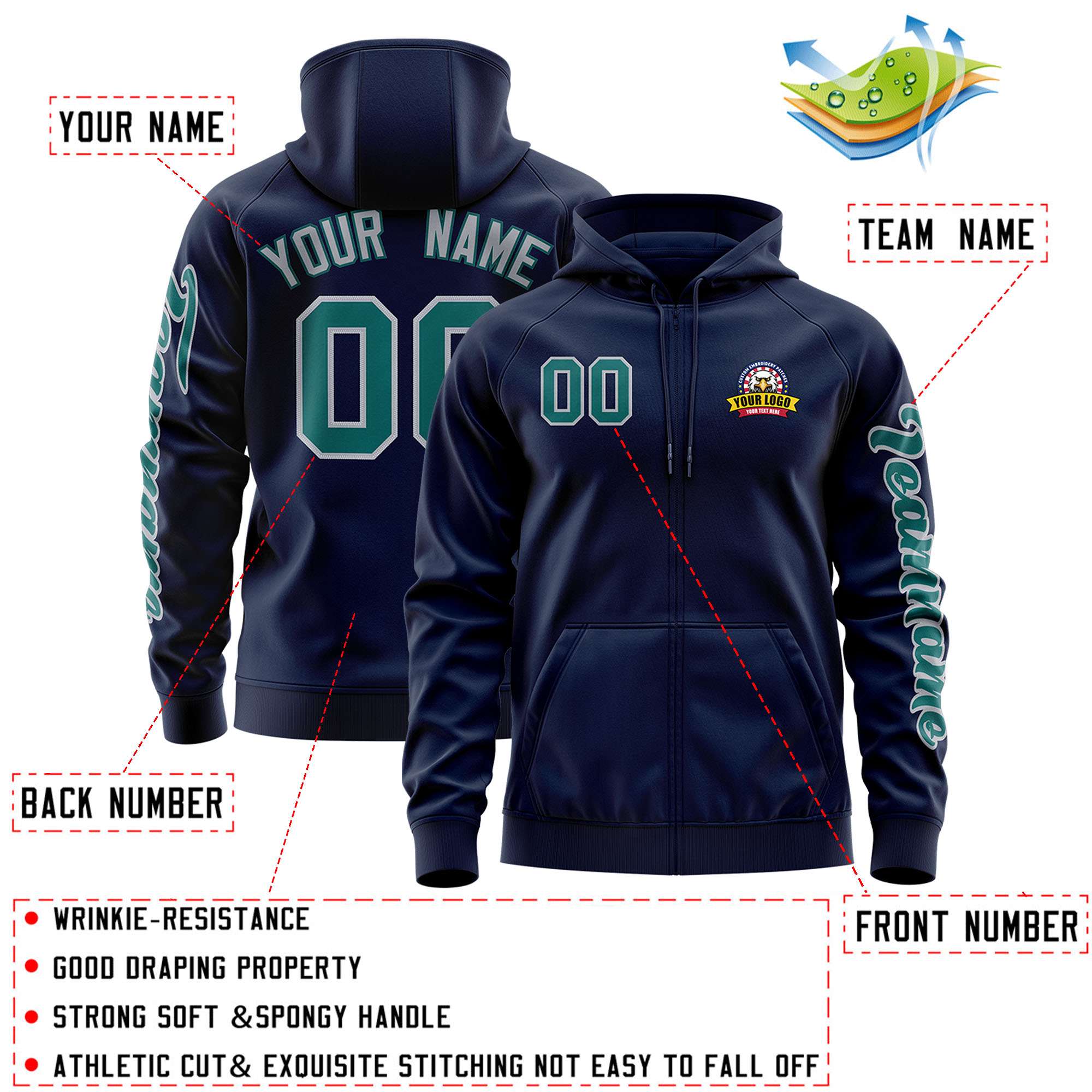 Custom Navy Aqua Varsity Full-Zip Letterman Classic Hoodie Jacket