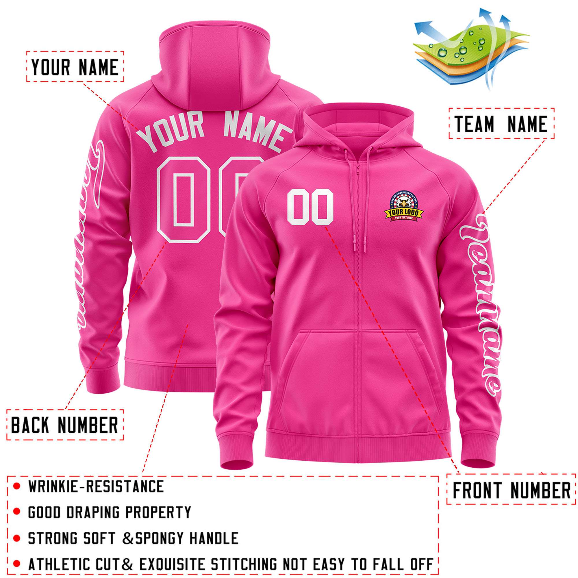 Custom Pink White Varsity Full-Zip Letterman Classic Hoodie Jacket