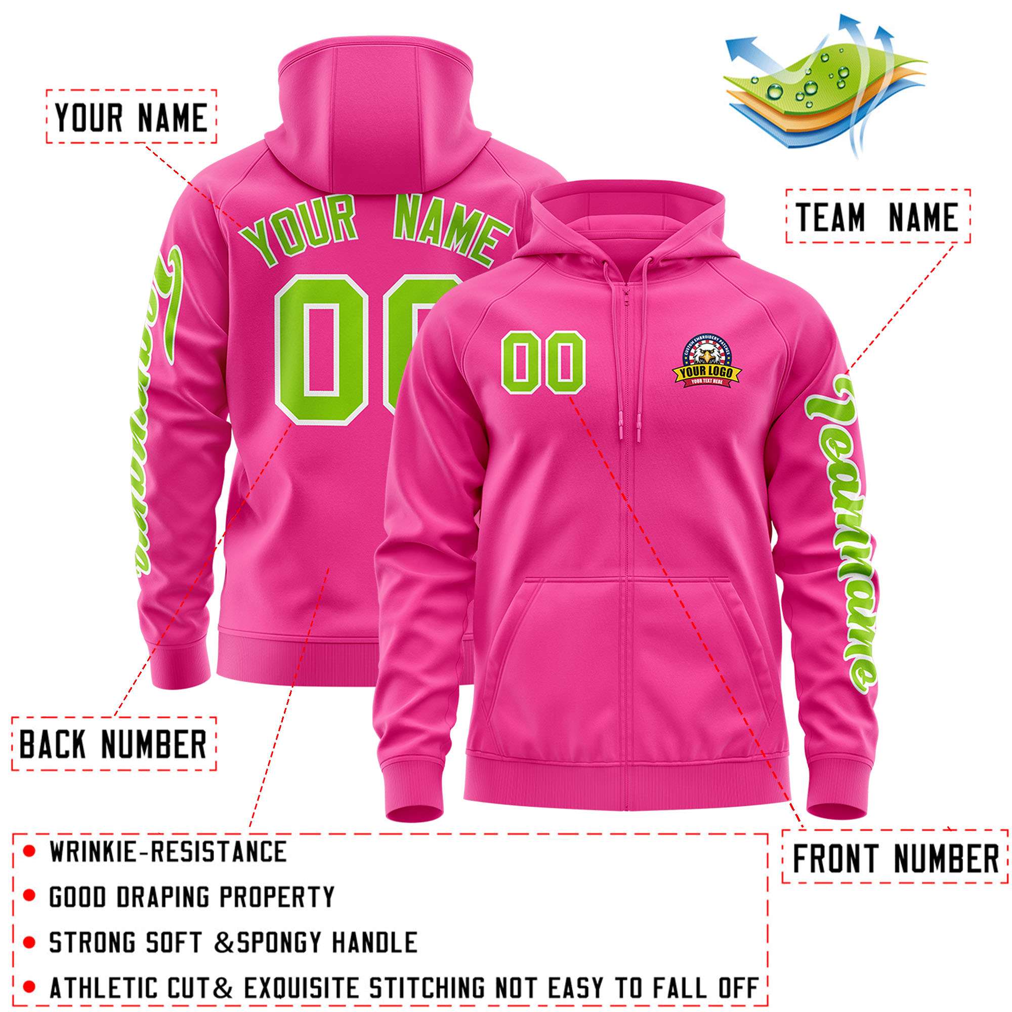 Custom Pink Neon Green Varsity Full-Zip Letterman Classic Hoodie Jacket