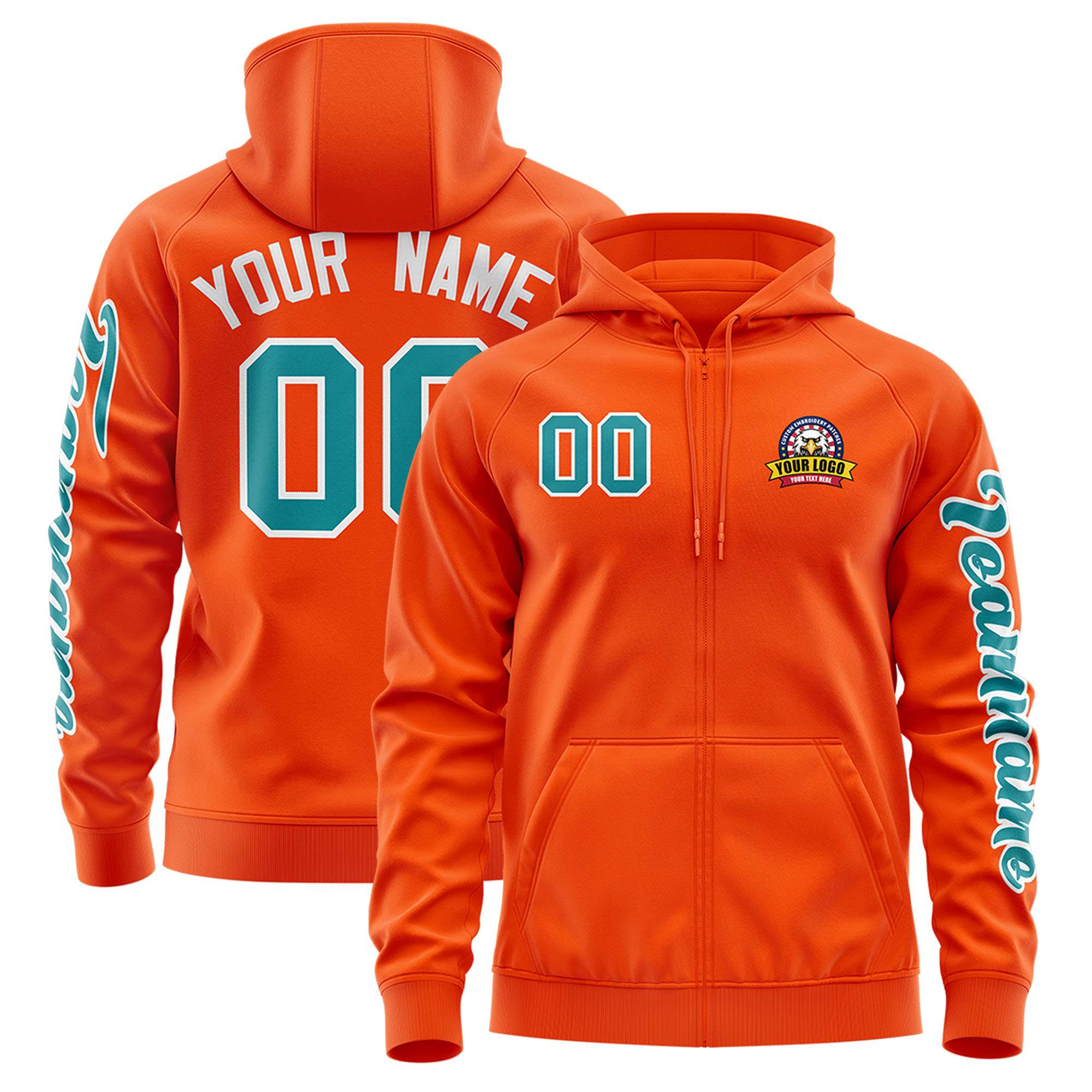 Custom Orange Aqua Varsity Full-Zip Letterman Classic Hoodie Jacket