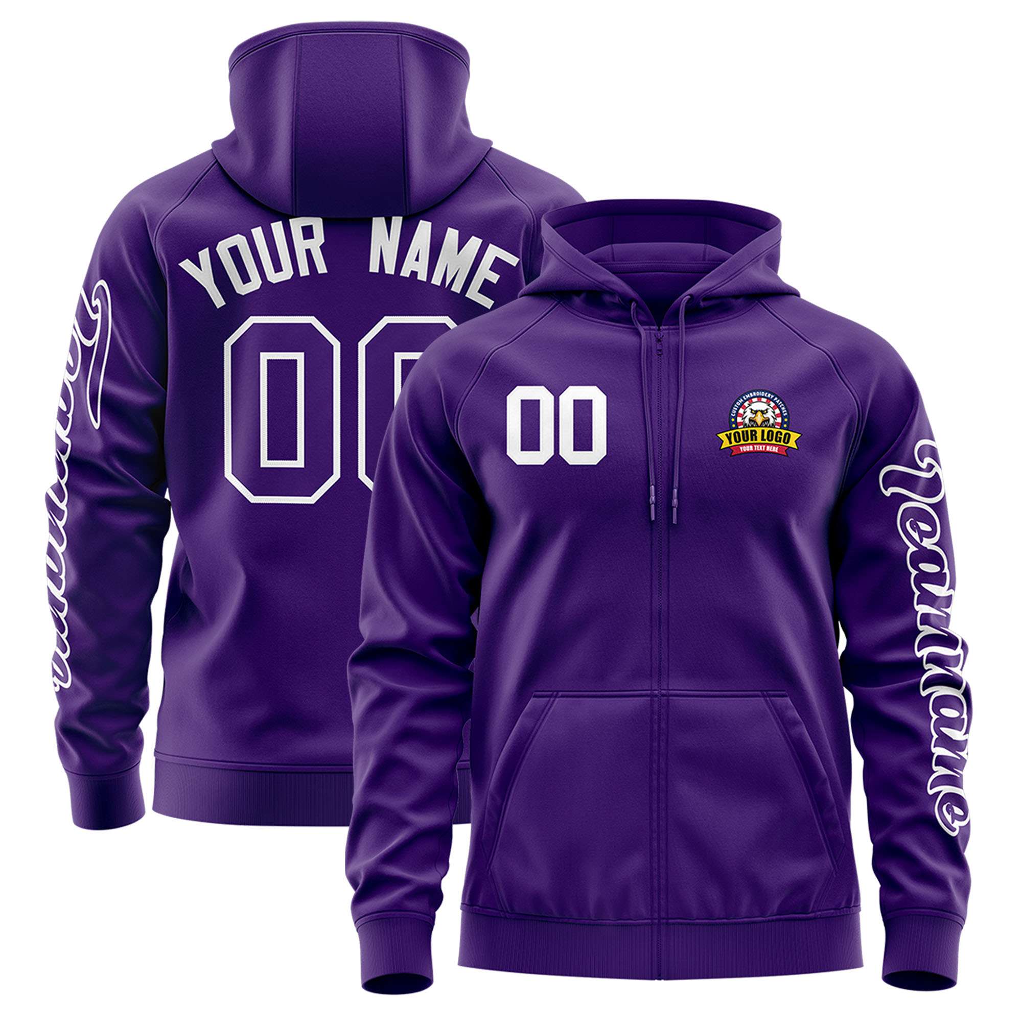 Custom Purple White Varsity Full-Zip Letterman Classic Hoodie Jacket