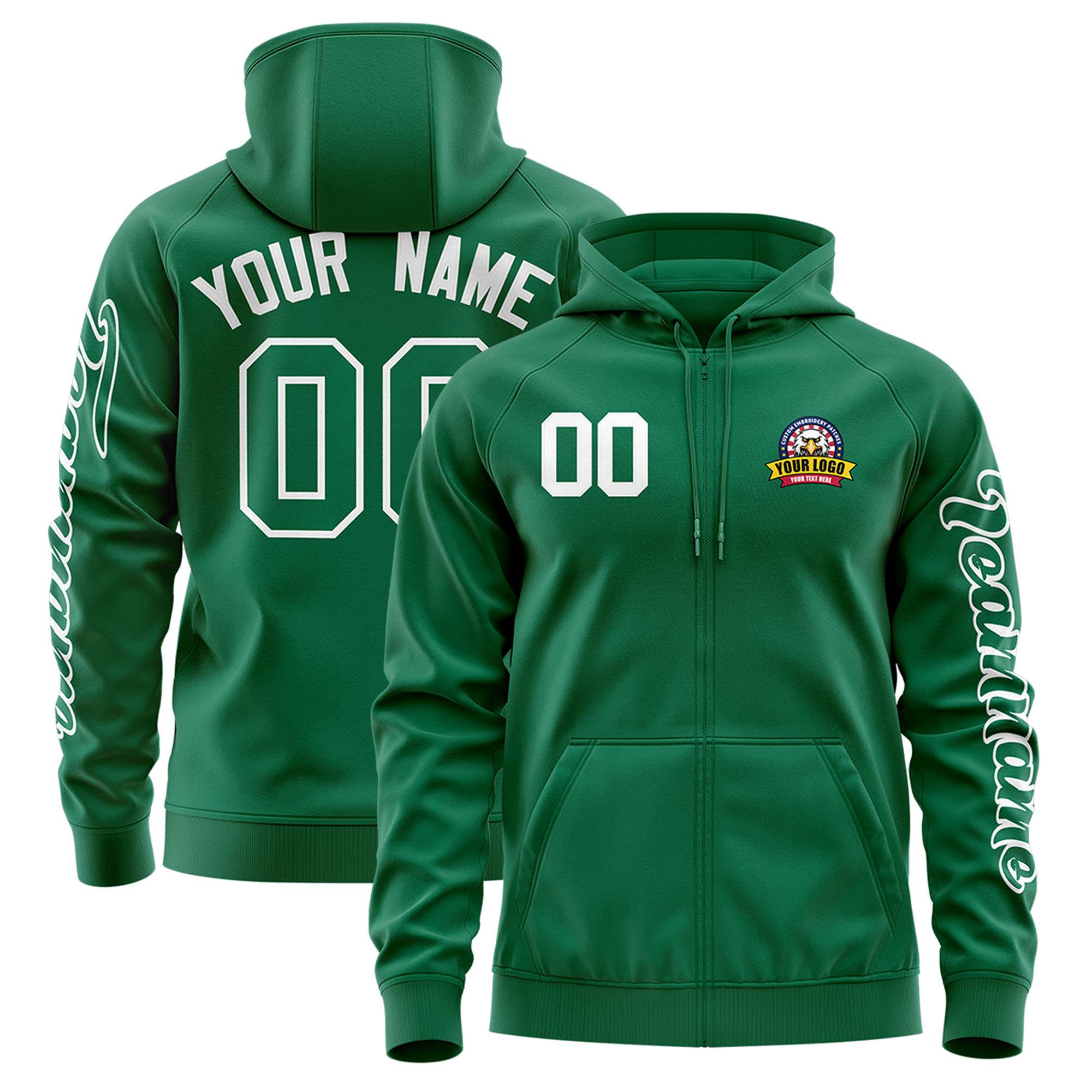 Custom Kelly Green White Varsity Full-Zip Letterman Classic Hoodie Jacket