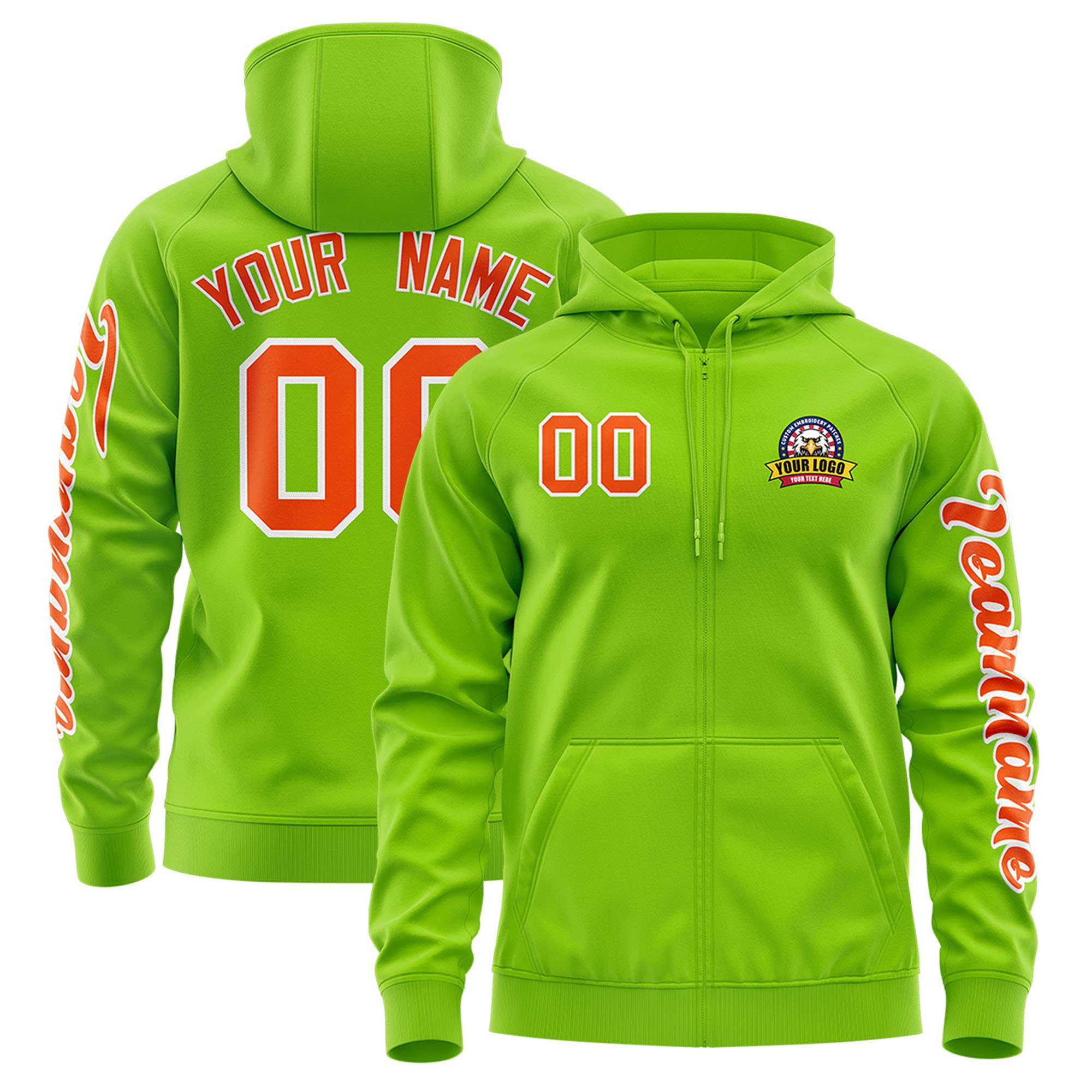 Custom Neon Green Orange Varsity Full-Zip Letterman Classic Hoodie Jacket