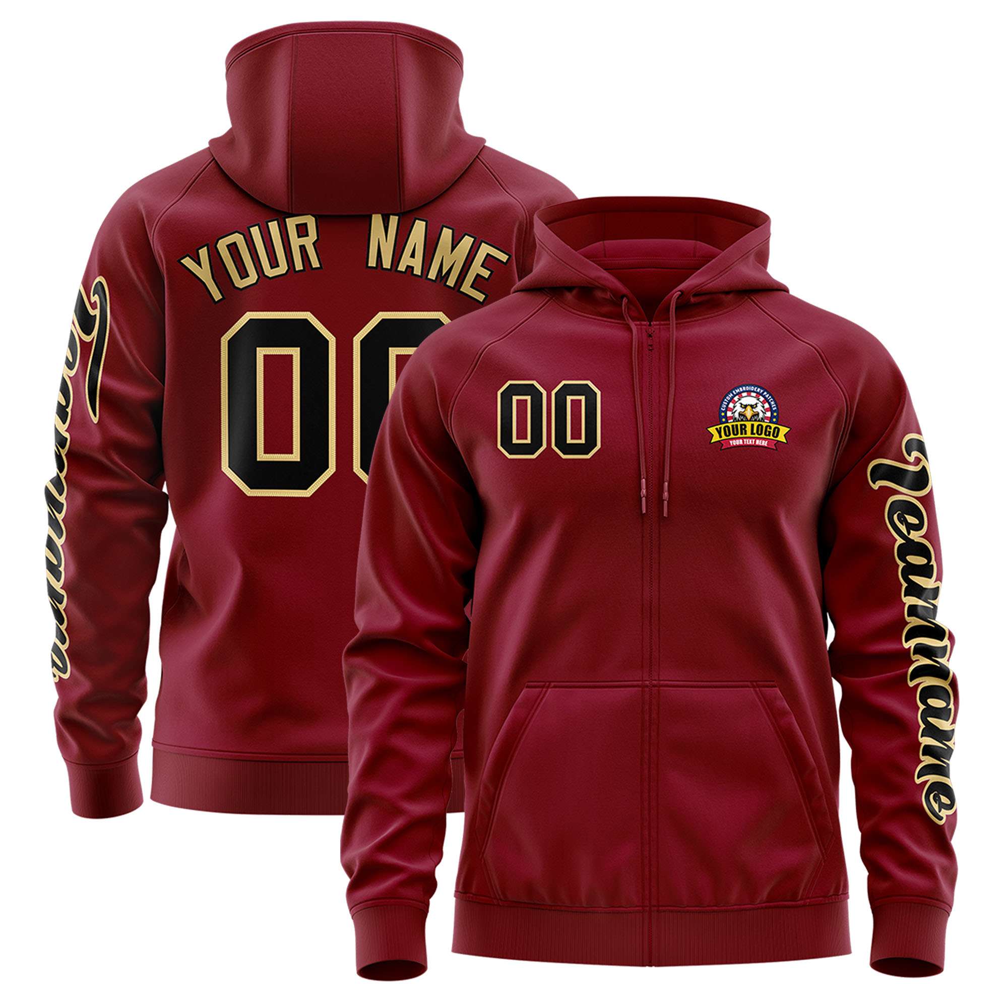 Custom Crimson Black Varsity Full-Zip Letterman Classic Hoodie Jacket