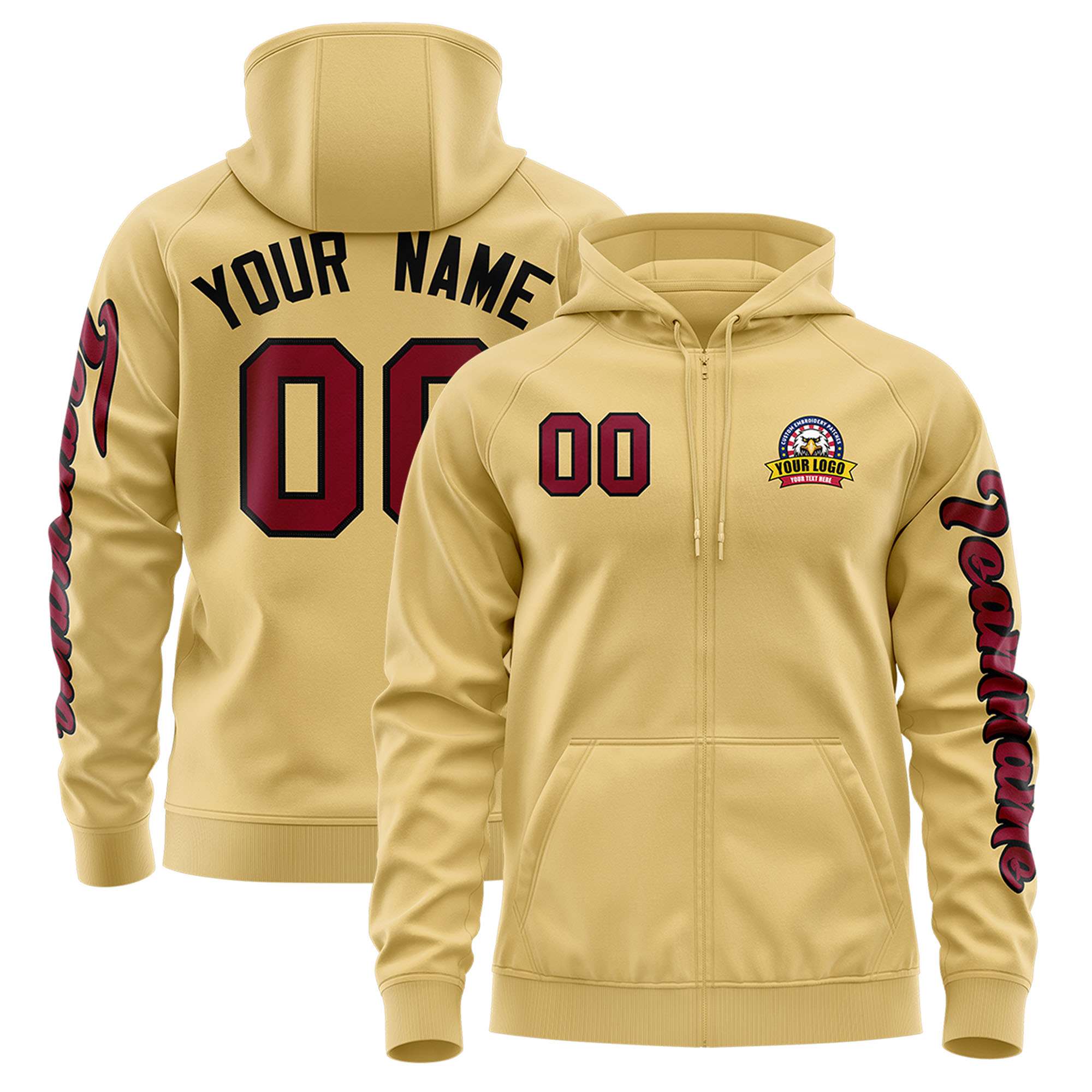 Custom Khaki Crimson Varsity Full-Zip Letterman Classic Hoodie Jacket