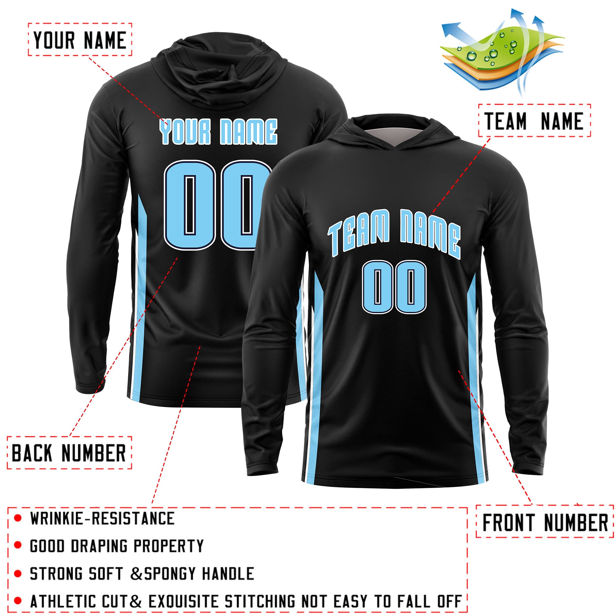 Custom Black Hoodie Long Sleeve Shooting Shirt Quick Dry Lightweight