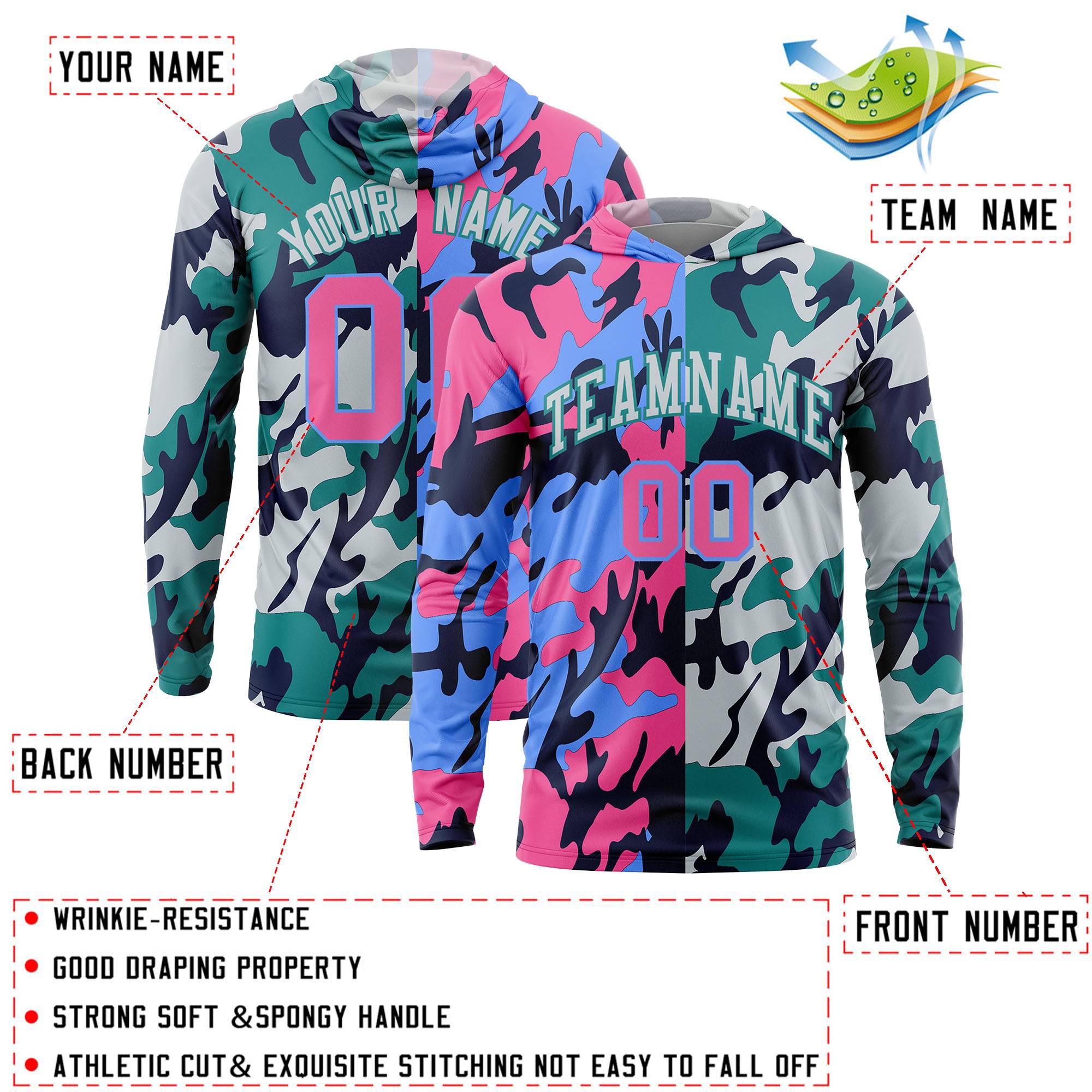 Custom Pink Powder Blue-Navy Personalized Camo Design Quick Dry Lightweight Hoodie