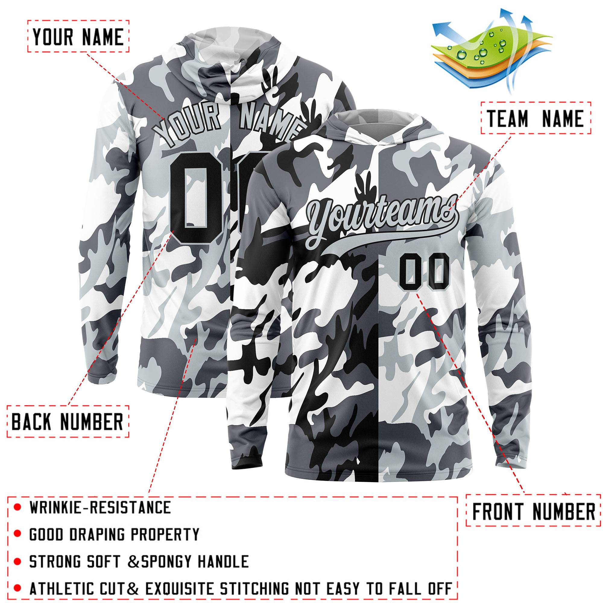 Custom Black Gray-White Personalized Camo Design Quick Dry Lightweight Hoodie