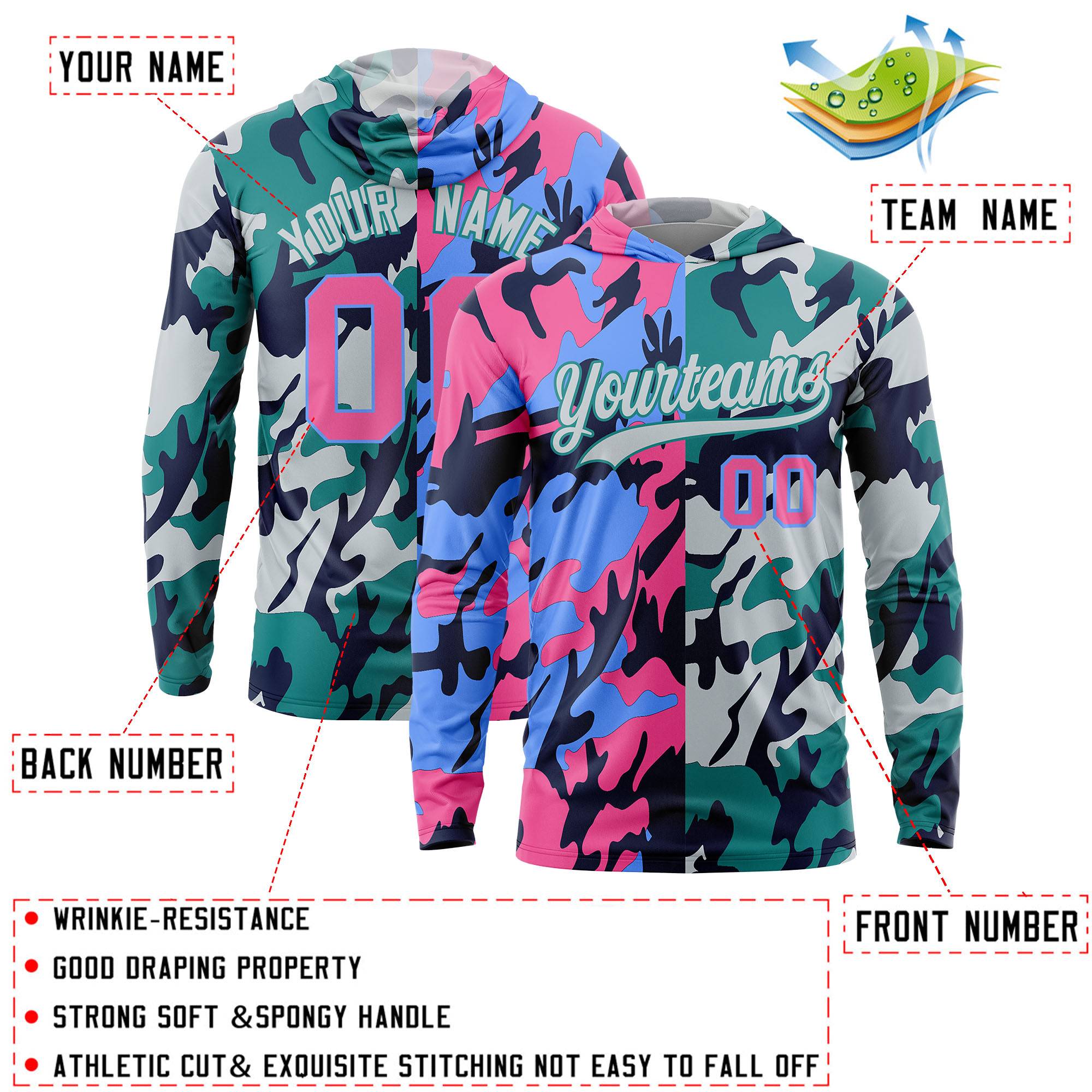 Custom Pink Powder Blue-Navy Personalized Camo Design Quick Dry Lightweight Hoodie