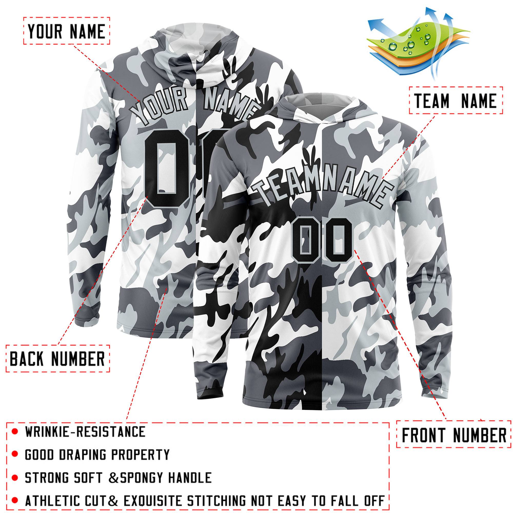 Custom Black Gray-White Personalized Camo Design Quick Dry Lightweight Hoodie