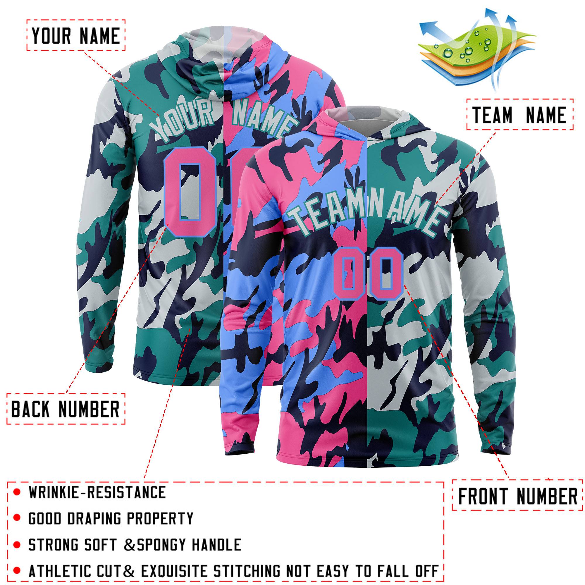 Custom Pink Powder Blue-Navy Personalized Camo Design Quick Dry Lightweight Hoodie