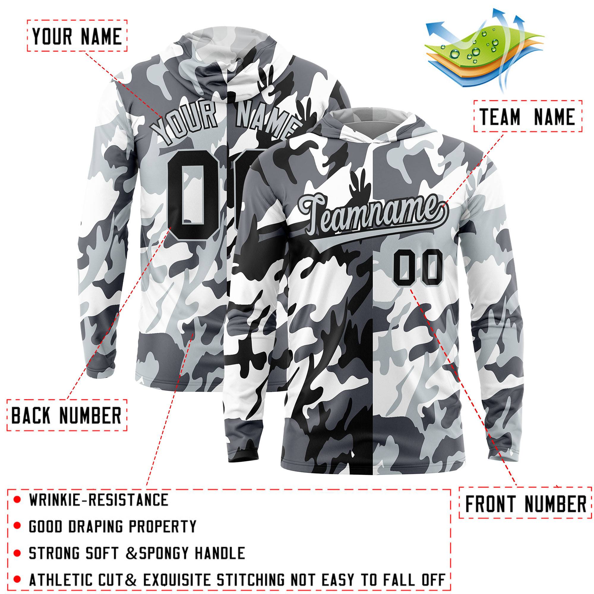 Custom Black Gray-White Personalized Camo Design Quick Dry Lightweight Hoodie