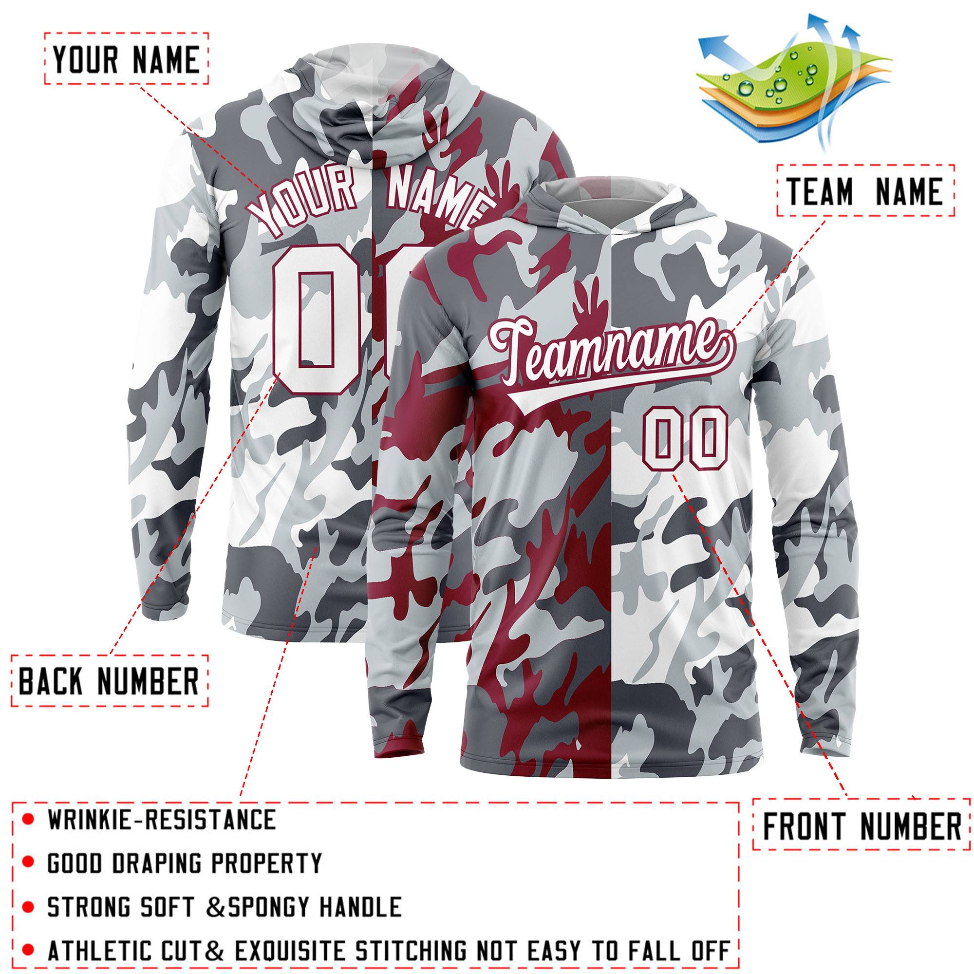 Custom Gray Crimson-Silver Personalized Camo Design Quick Dry Lightweight Hoodie