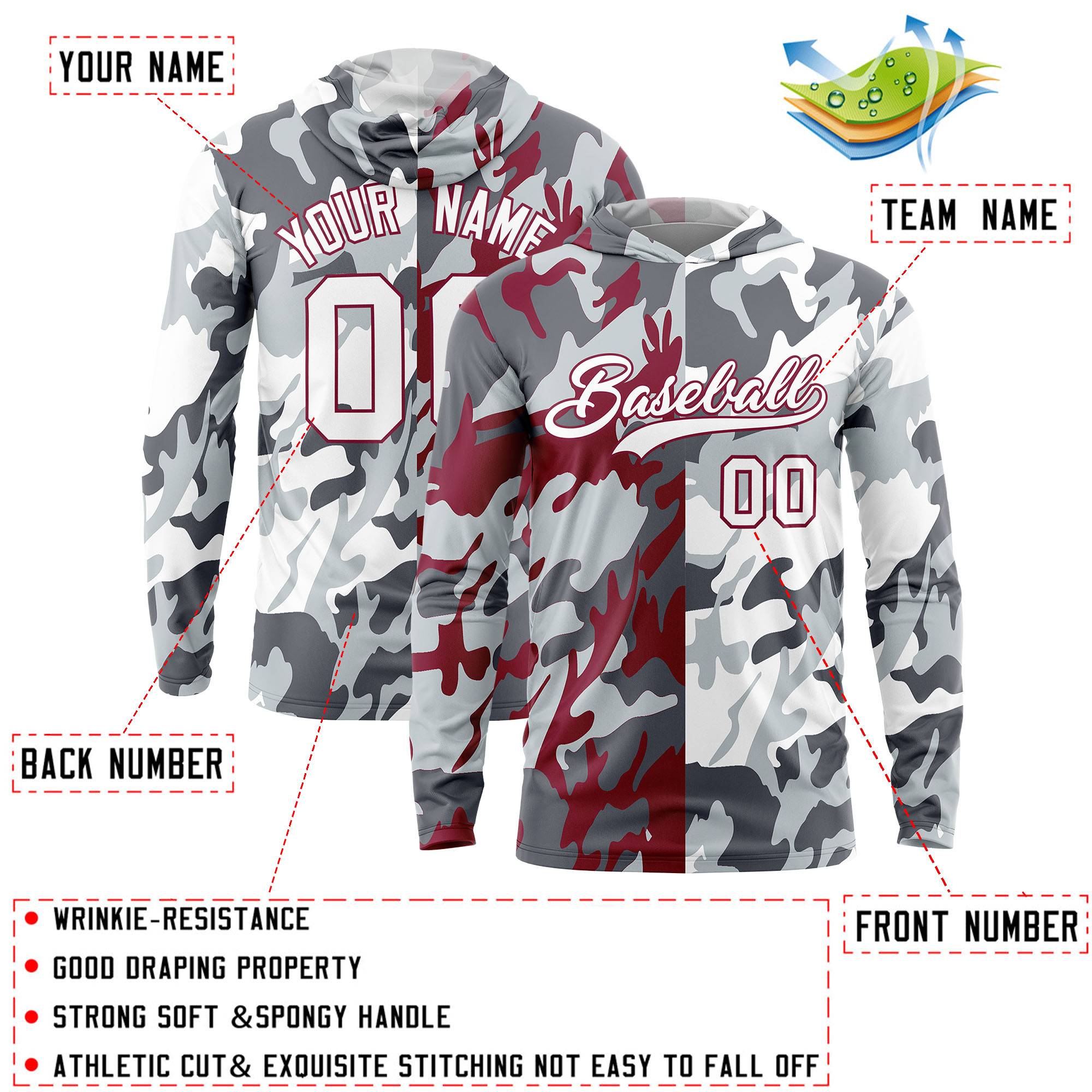 Custom Gray Crimson-Silver Personalized Camo Design Quick Dry Lightweight Hoodie