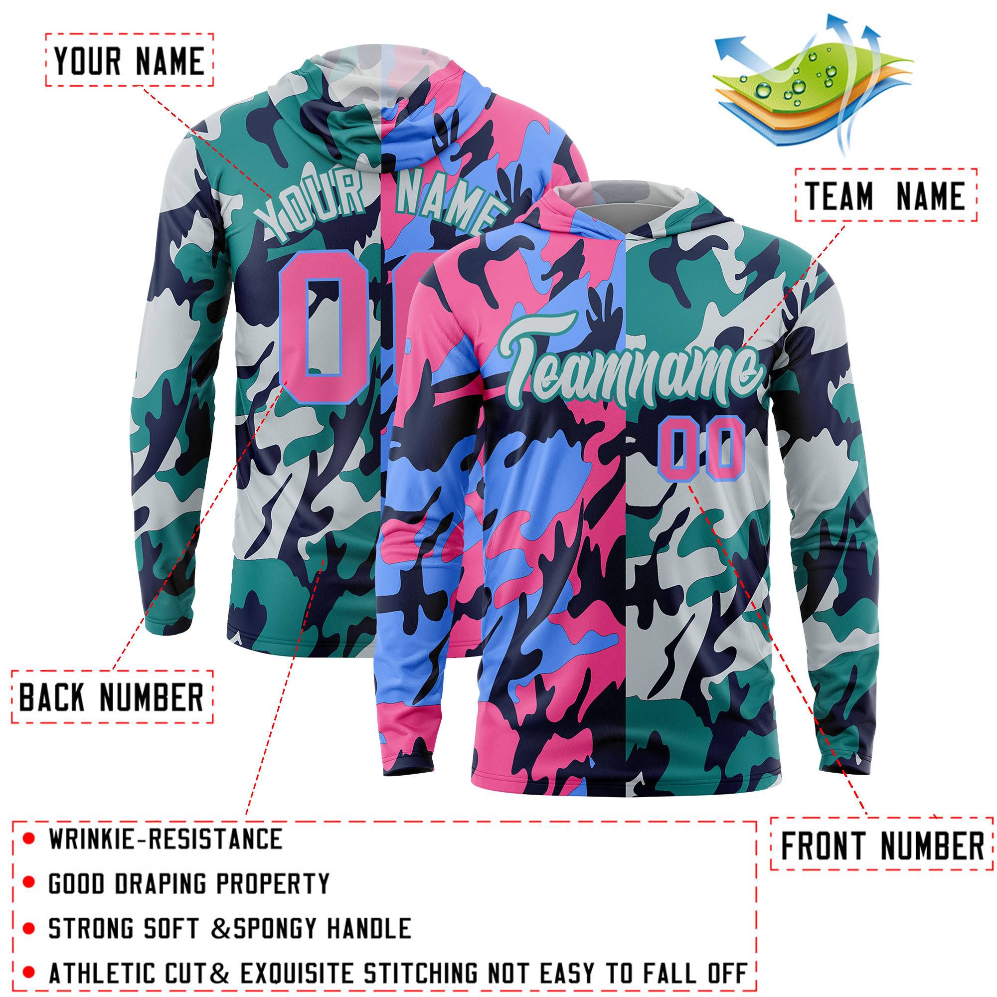 Custom Pink Powder Blue-Navy Personalized Camo Design Quick Dry Lightweight Hoodie