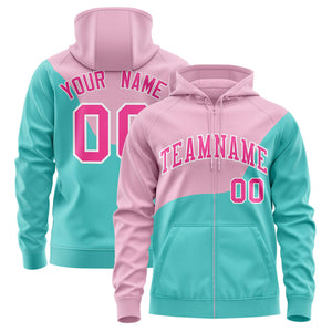 Custom Light Pink Bright Green Color Block Varsity Full-Zip Letterman Wave Hoodie Jacket