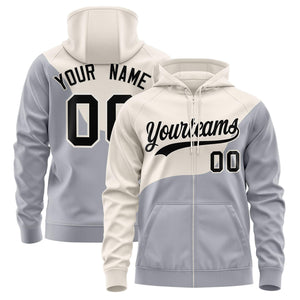 Custom Cream Gray Color Block Varsity Full-Zip Letterman Wave Hoodie Jacket