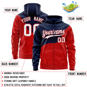 Custom Navy Red Color Block Varsity Full-Zip Letterman Wave Hoodie Jacket