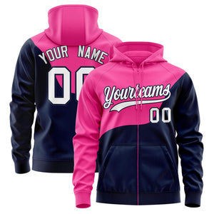 Custom Pink Navy Color Block Varsity Full-Zip Letterman Wave Hoodie Jacket