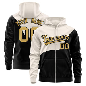 Custom Cream Black Color Block Varsity Full-Zip Letterman Wave Hoodie Jacket