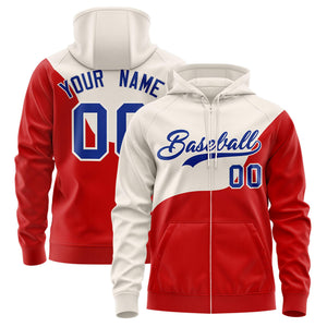 Custom Cream Red Color Block Varsity Full-Zip Letterman Wave Hoodie Jacket