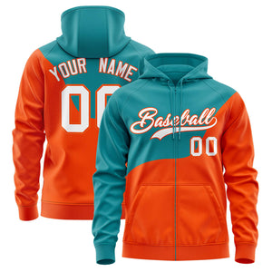 Custom Aqua Orange Color Block Varsity Full-Zip Letterman Wave Hoodie Jacket