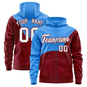 Custom Powder Blue Crimson Color Block Varsity Full-Zip Letterman Wave Hoodie Jacket