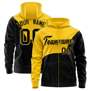 Custom Gold Black Color Block Varsity Full-Zip Letterman Wave Hoodie Jacket