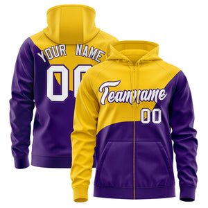 Custom Gold Purple Color Block Varsity Full-Zip Letterman Wave Hoodie Jacket