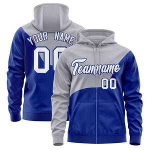 Custom Gray Royal Color Block Varsity Full-Zip Letterman Wave Hoodie Jacket