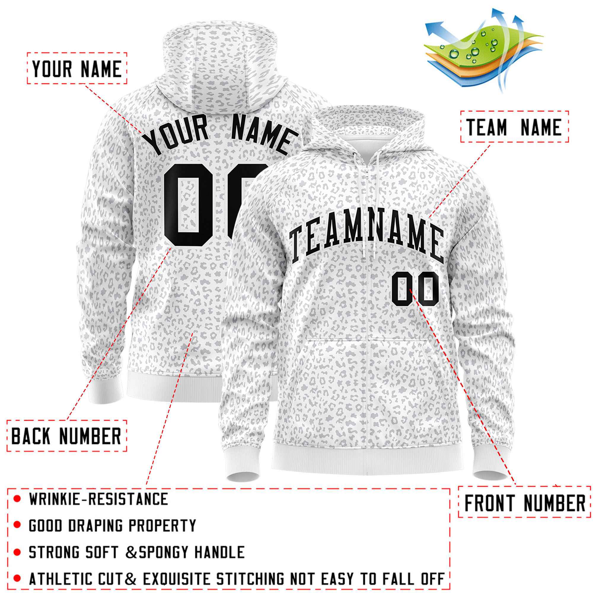 Custom White Black Varsity Full-Zip Letterman Leopard Print Hoodie Jacket