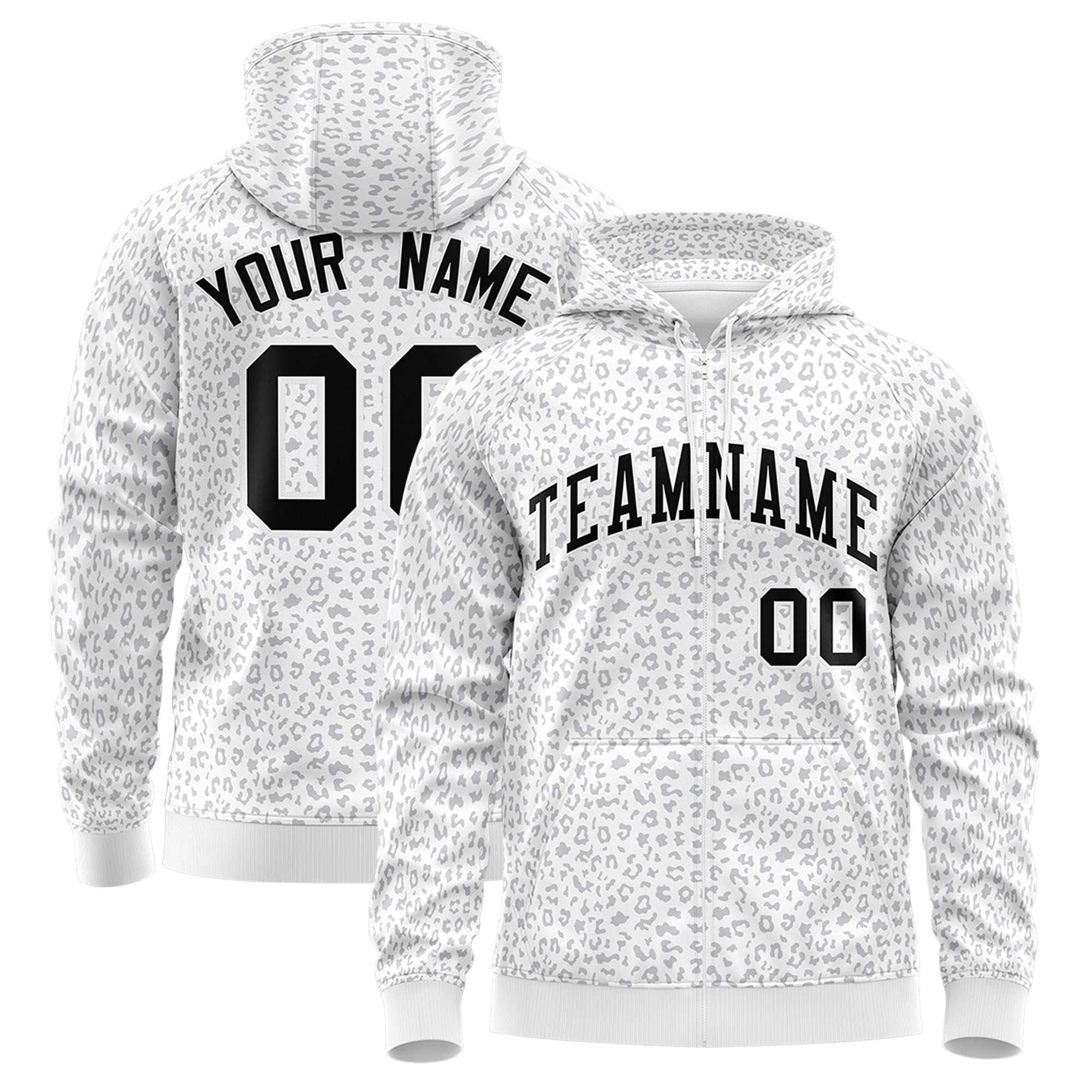 Custom White Black Varsity Full-Zip Letterman Leopard Print Hoodie Jacket