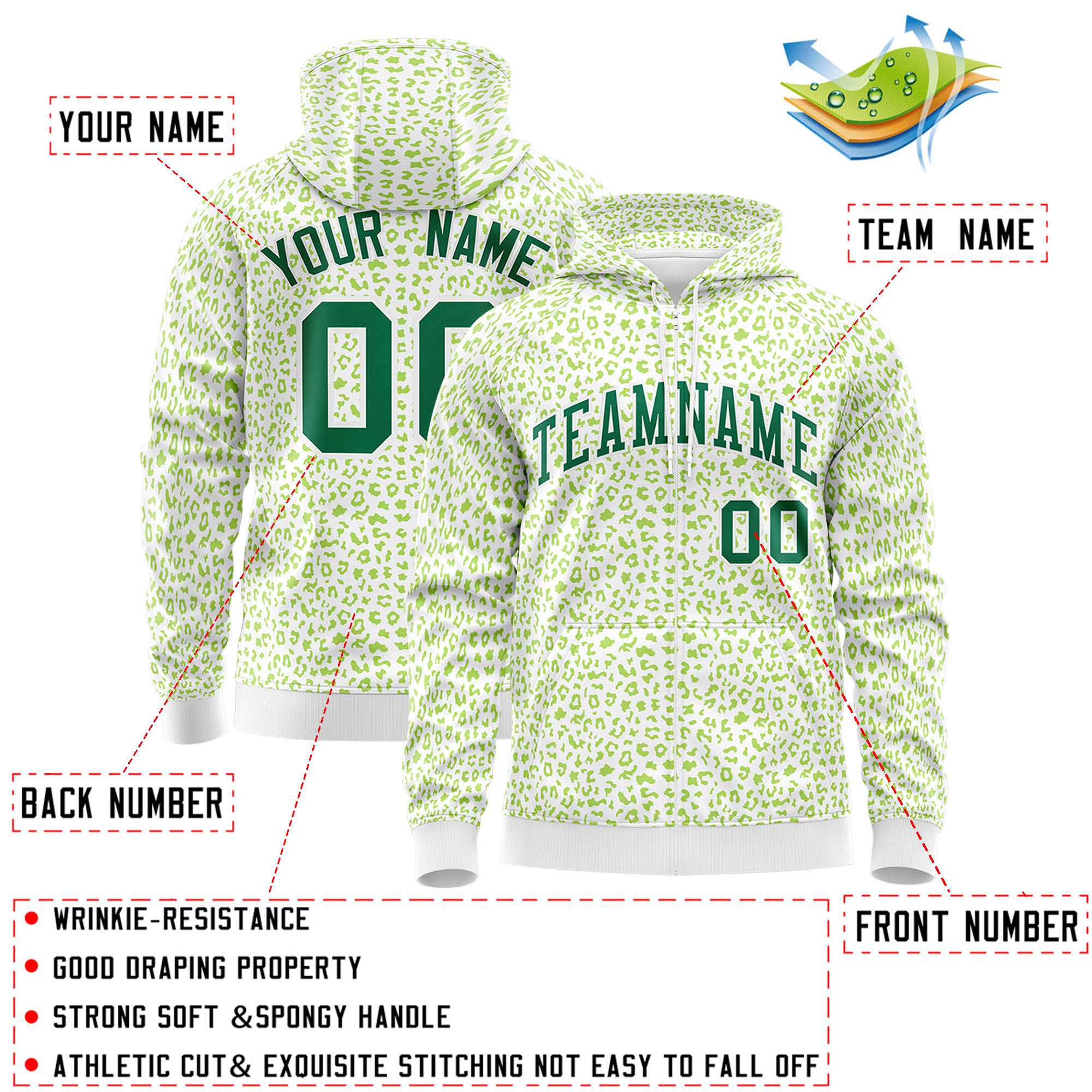 Custom White Neon Green Varsity Full-Zip Letterman Leopard Print Hoodie Jacket