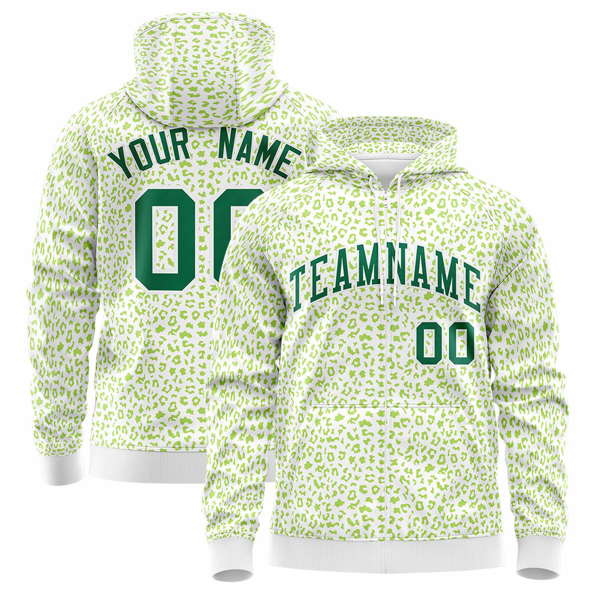 Custom White Neon Green Varsity Full-Zip Letterman Leopard Print Hoodie Jacket