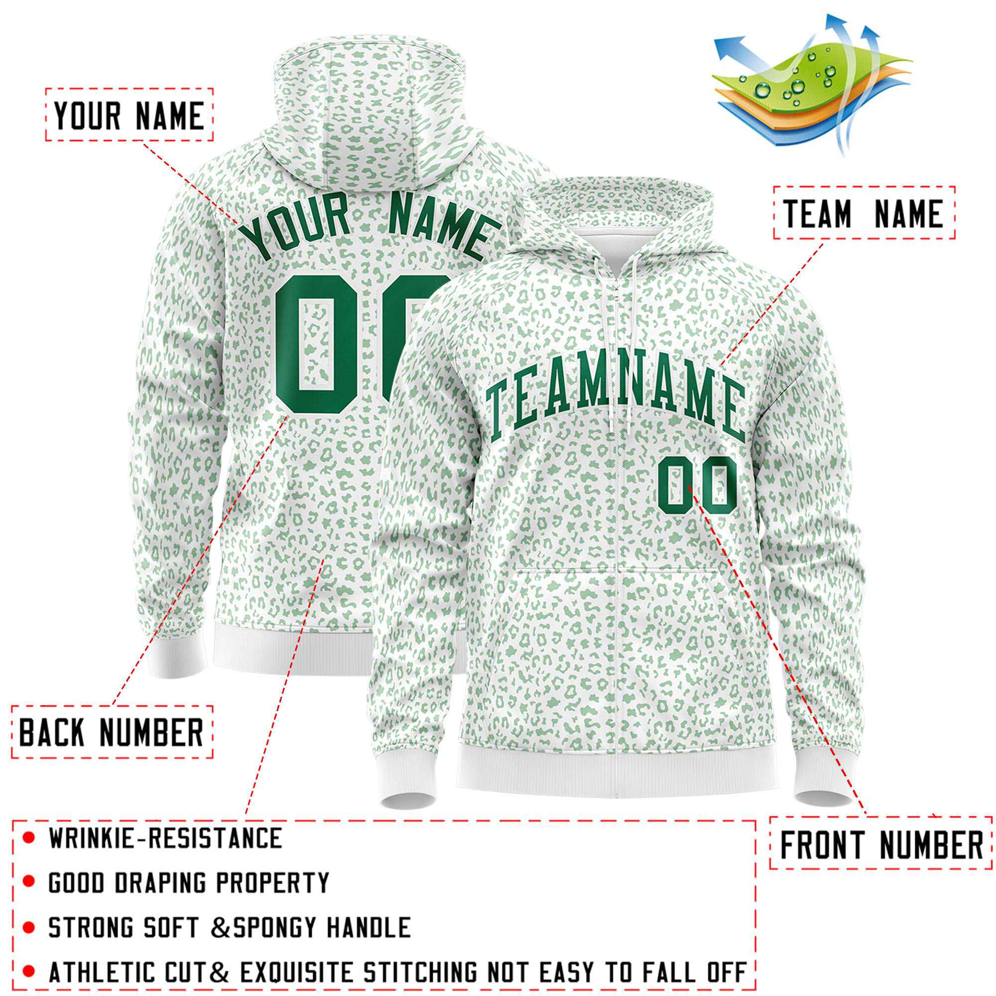 Custom White Kelly Green Varsity Full-Zip Letterman Leopard Print Hoodie Jacket