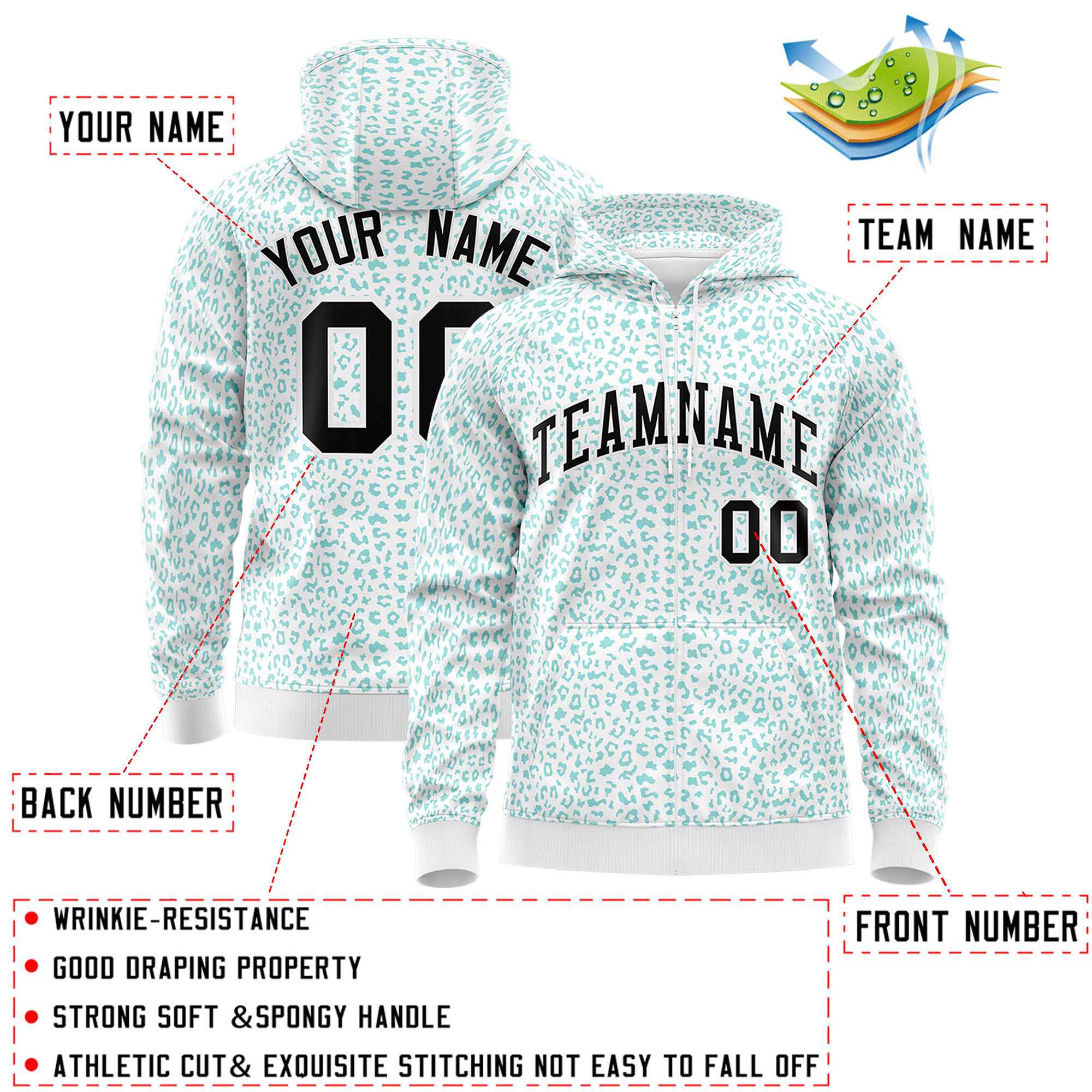 Custom White Bright Green Varsity Full-Zip Letterman Leopard Print Hoodie Jacket