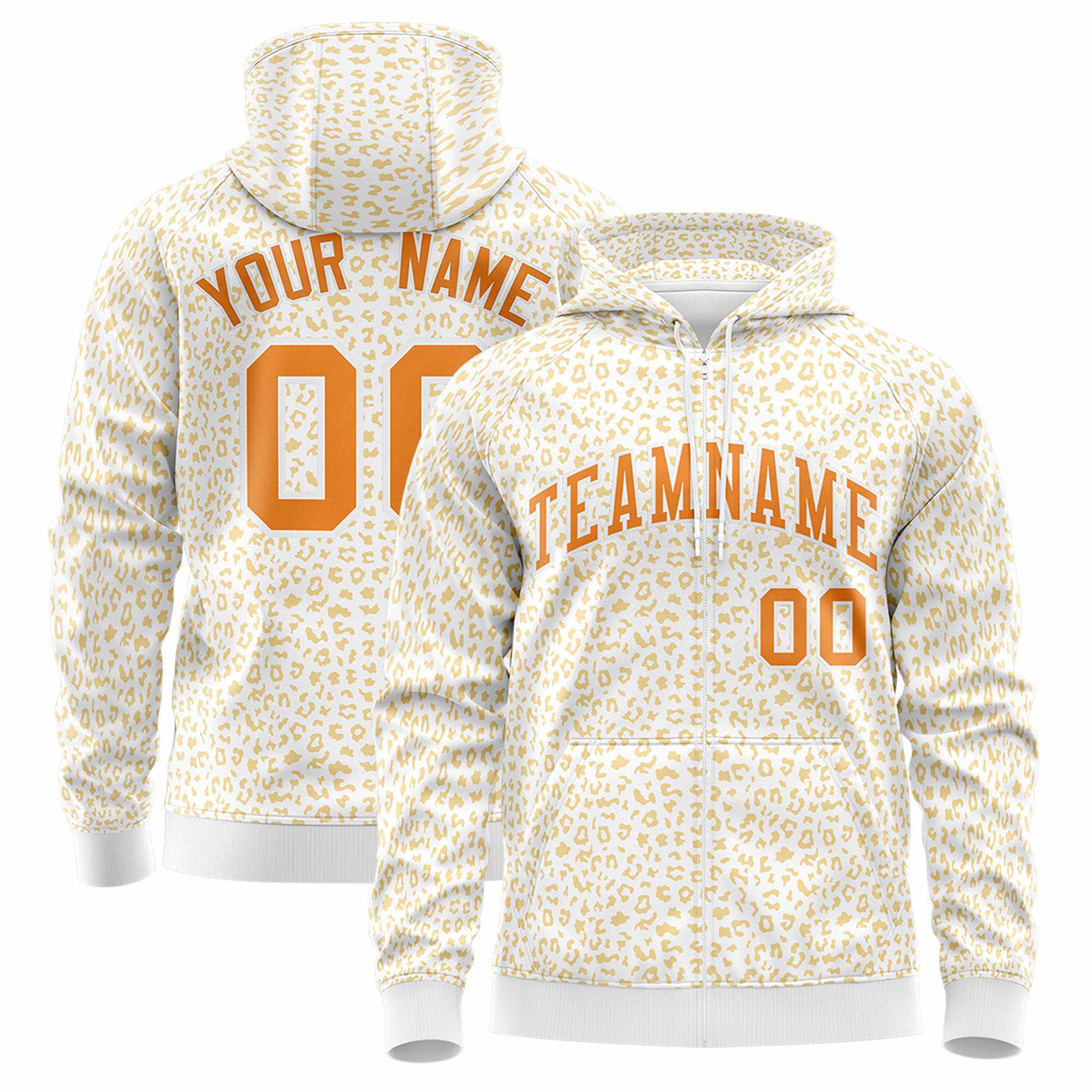 Custom White Orange Varsity Full-Zip Letterman Leopard Print Hoodie Jacket