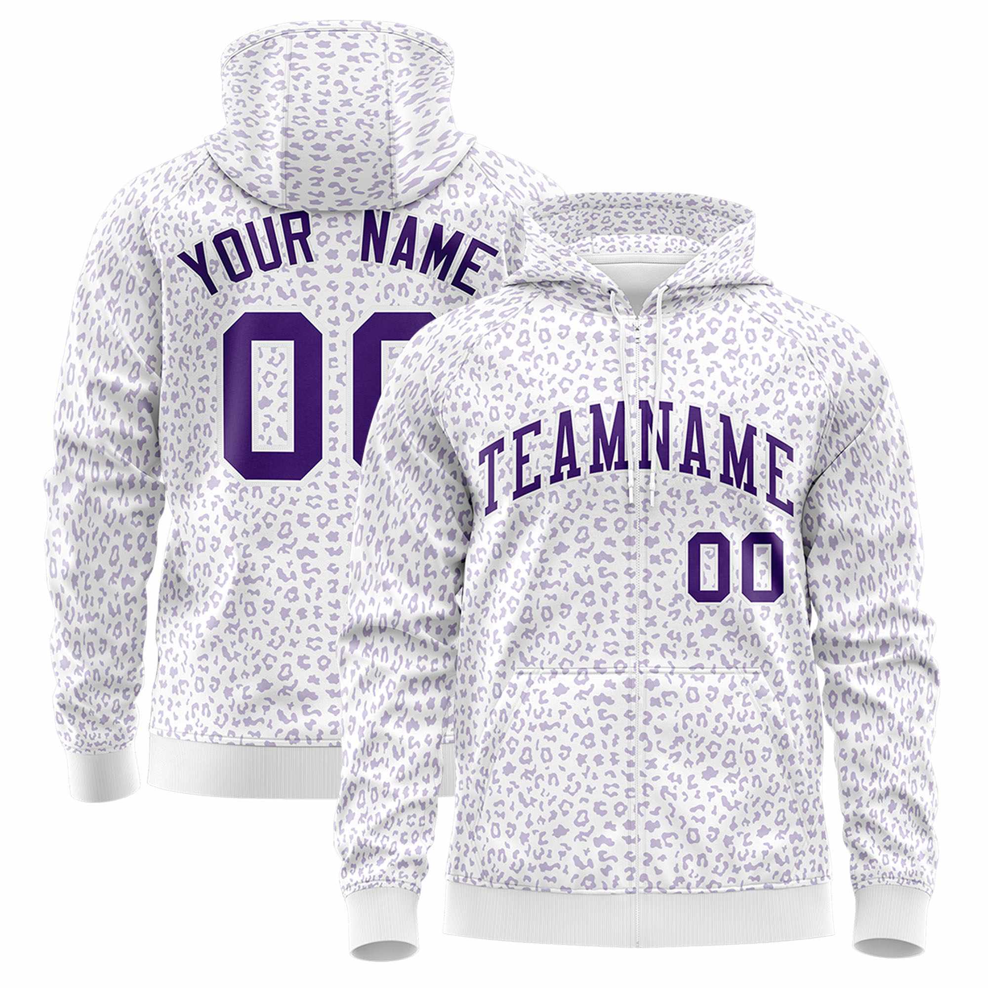 Custom Purple Light Purple Varsity Full-Zip Letterman Leopard Print Hoodie Jacket