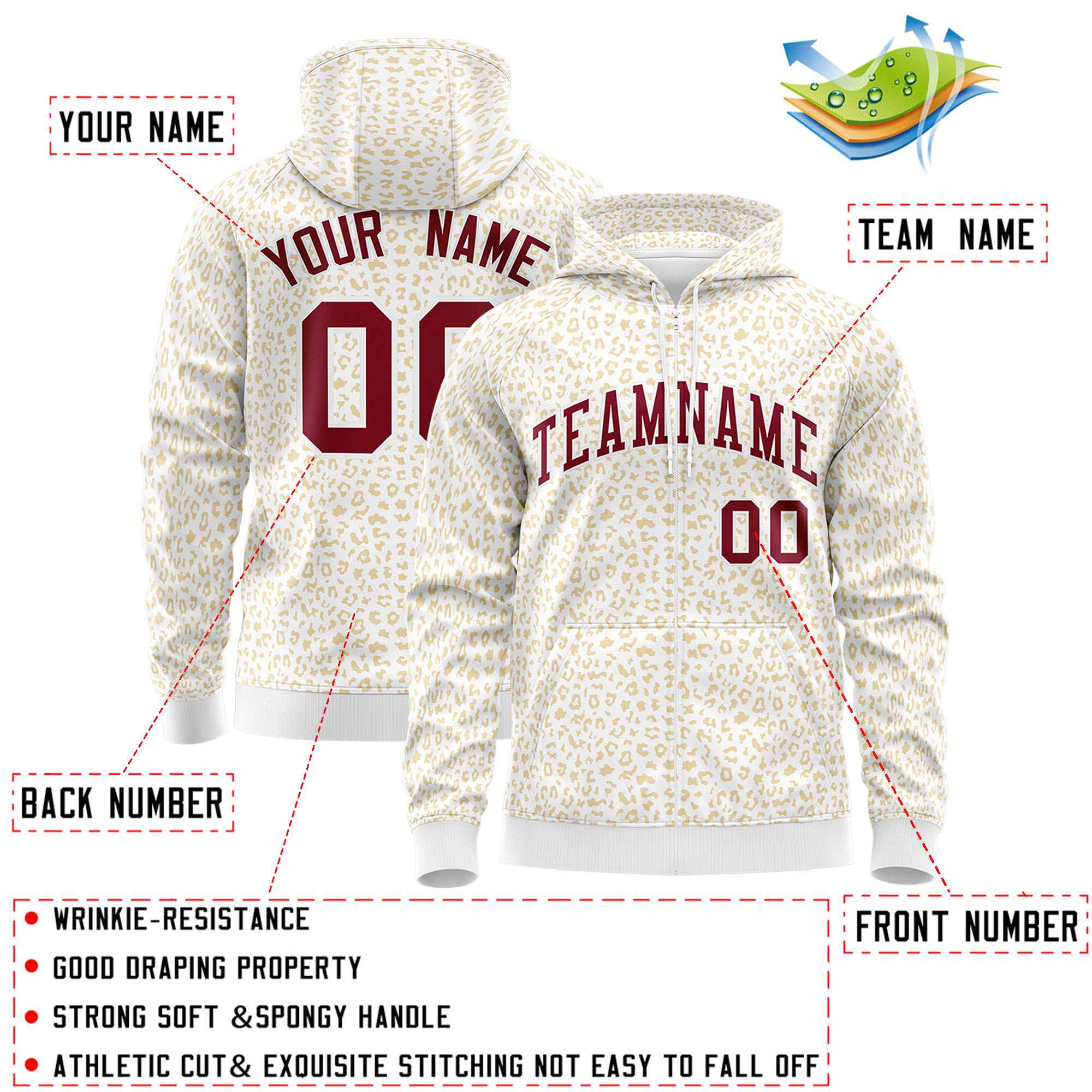 Custom White Khaki Varsity Full-Zip Letterman Leopard Print Hoodie Jacket