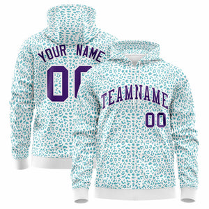 Custom White Teal Varsity Full-Zip Letterman Leopard Print Hoodie Jacket