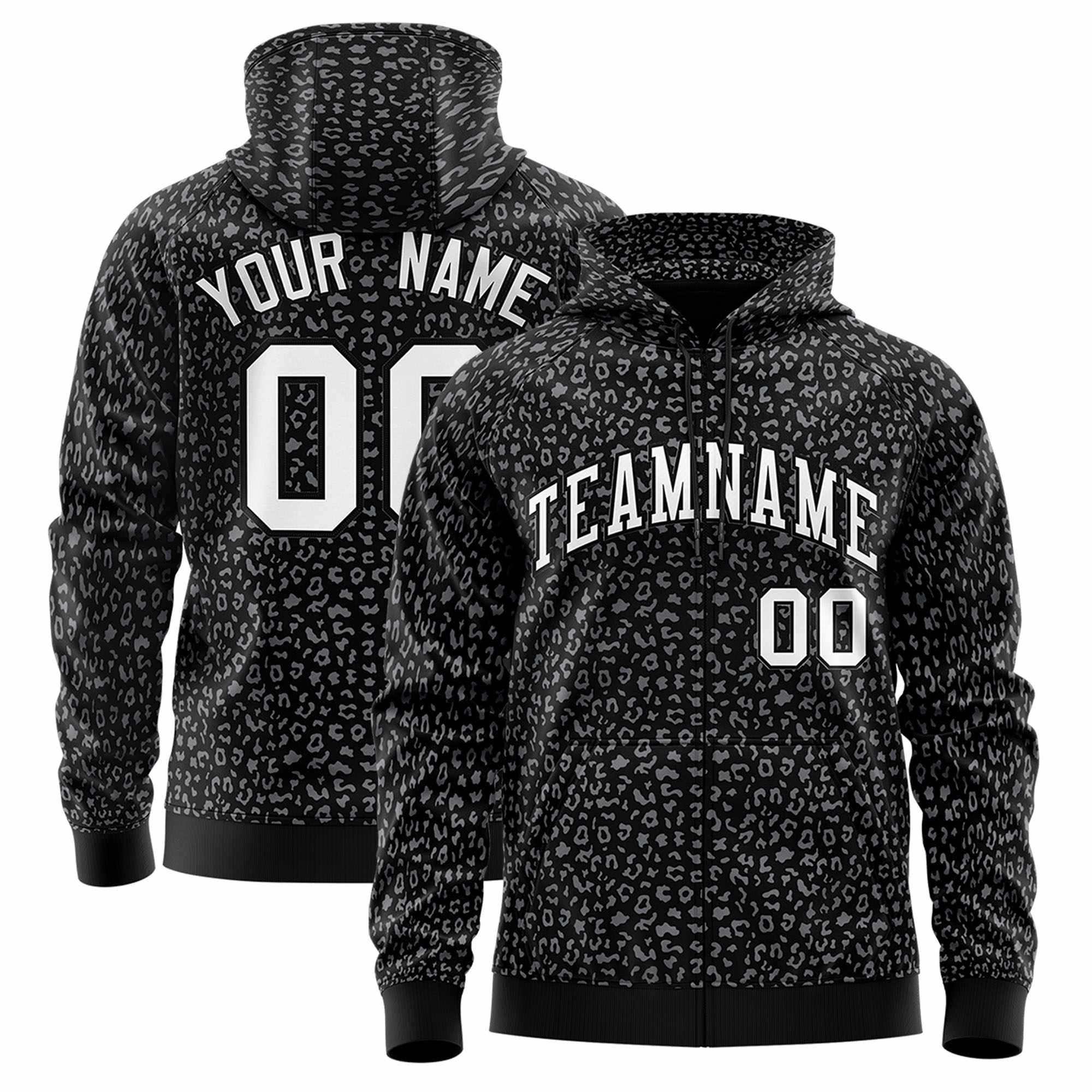 Custom Black Gray Varsity Full-Zip Letterman Leopard Print Hoodie Jacket