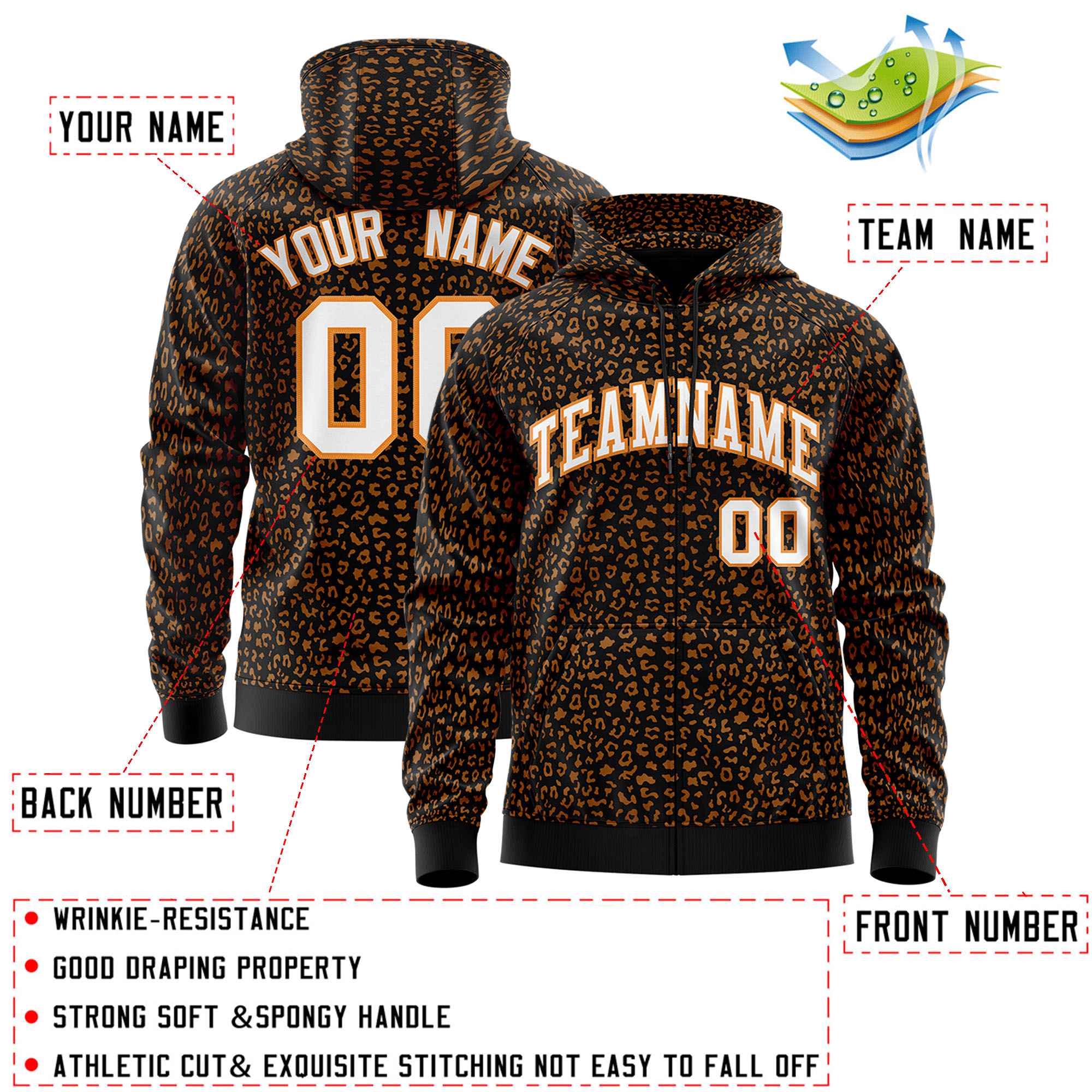 Custom Black Orange Varsity Full-Zip Letterman Leopard Print Hoodie Jacket