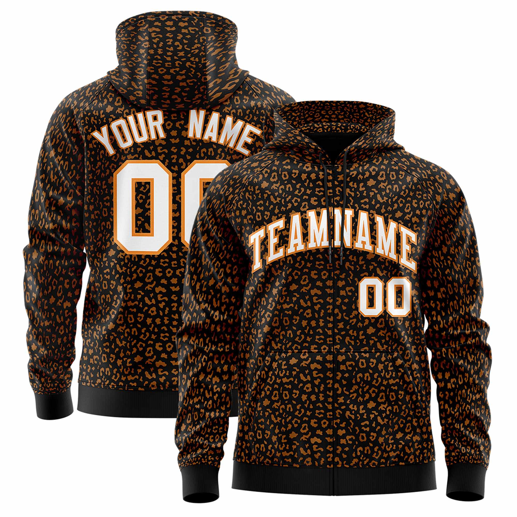 Custom Black Orange Varsity Full-Zip Letterman Leopard Print Hoodie Jacket