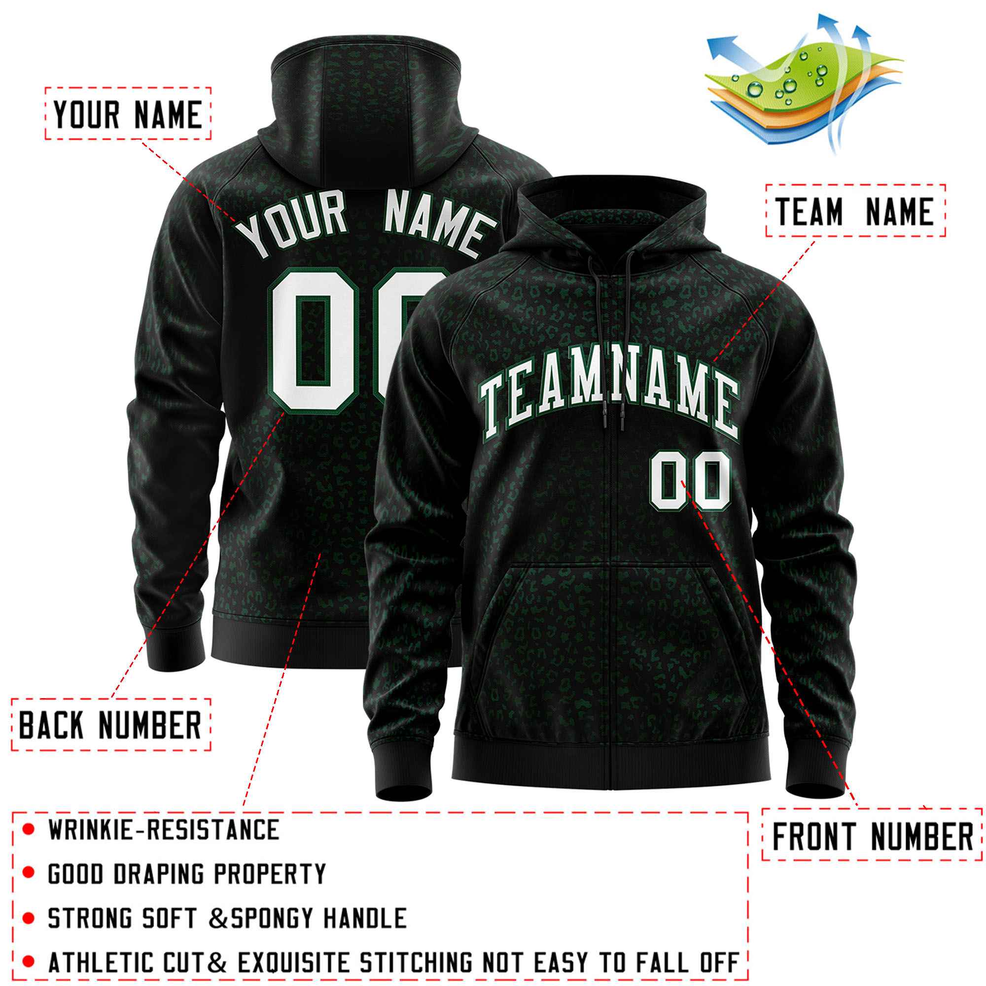 Custom Black Kelly Green Varsity Full-Zip Letterman Leopard Print Hoodie Jacket