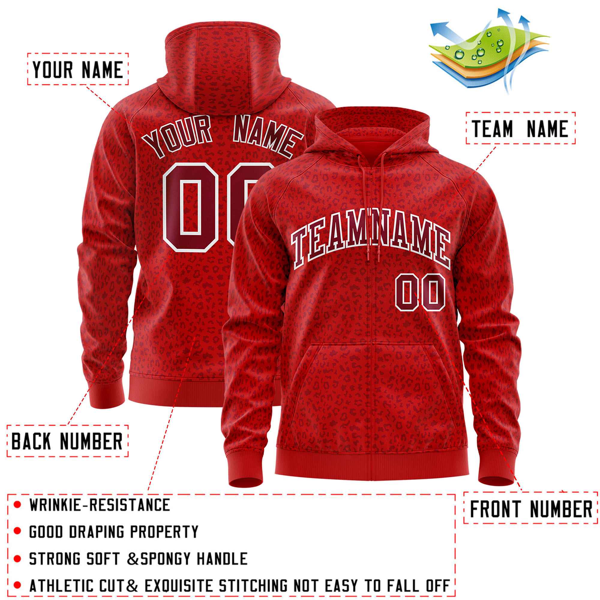 Custom Red Crimson Varsity Full-Zip Letterman Leopard Print Hoodie Jacket