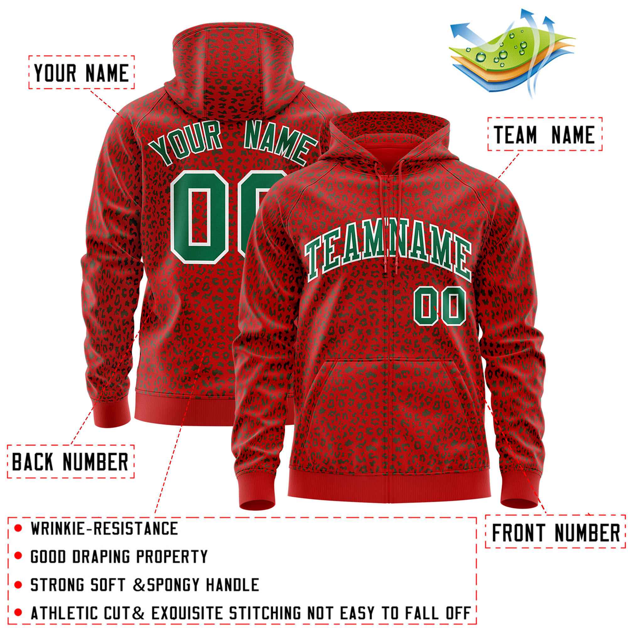 Custom Red Kelly Green Varsity Full-Zip Letterman Leopard Print Hoodie Jacket