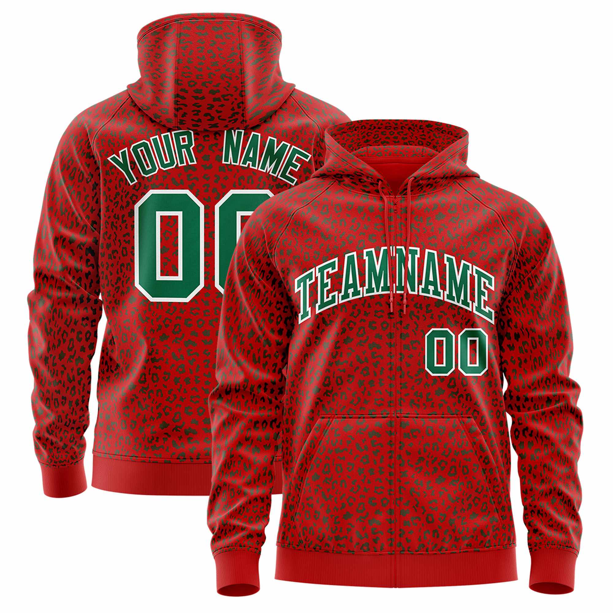 Custom Red Kelly Green Varsity Full-Zip Letterman Leopard Print Hoodie Jacket